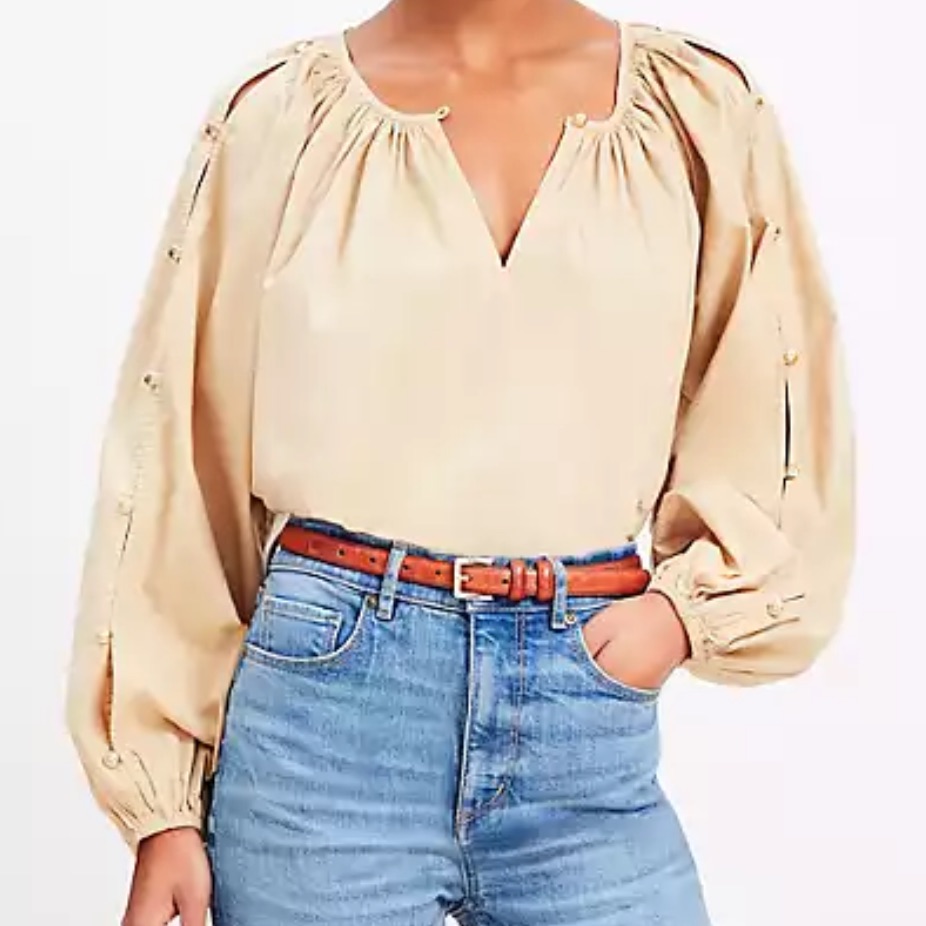 Loft Button Puff Long Sleeves Tan Gathered Split Neck Blouse Sz Xl